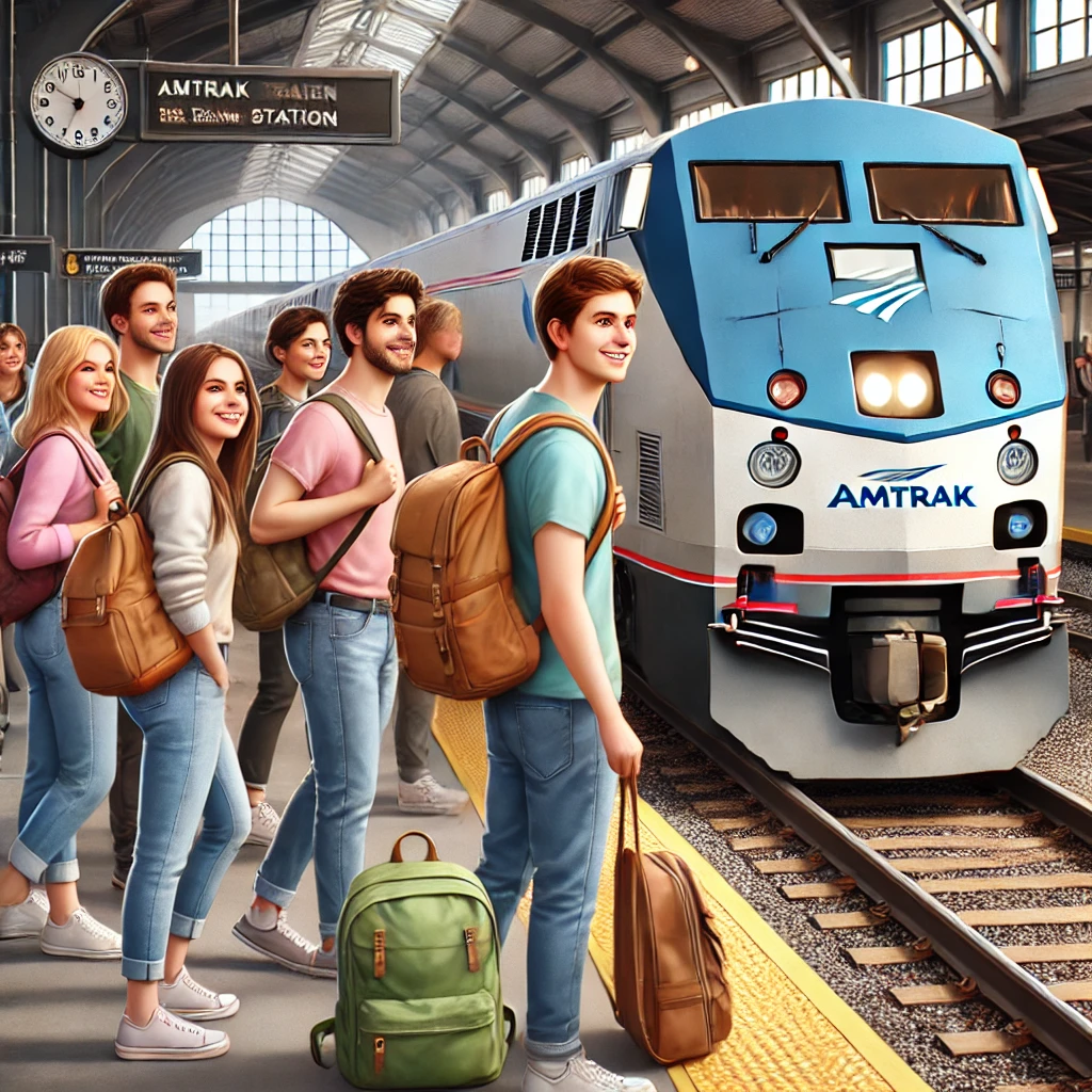 AI-generated artwork of college students boarding an Amtrak train with Student Train Discounts USA