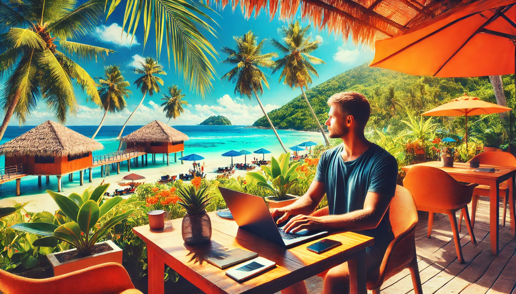 Featured Image: A digital nomad with a laptop working from a scenic outdoor café overlooking a tropical beach or mountain range.