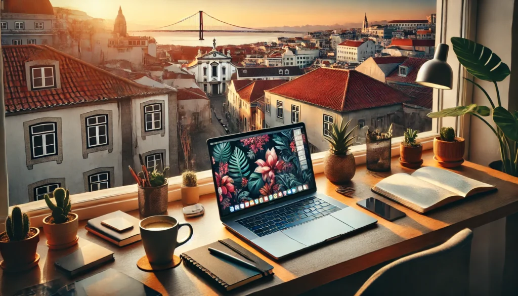 A cozy workspace setup with a laptop, coffee cup, and a view of a vibrant cityscape like Lisbon or Bangkok.