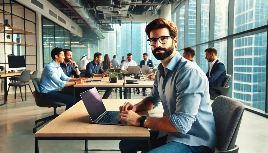  A professional-looking man with a short beard and blue glasses wearing a blue shirt working inside a modern co-working space in Dubai He is seated