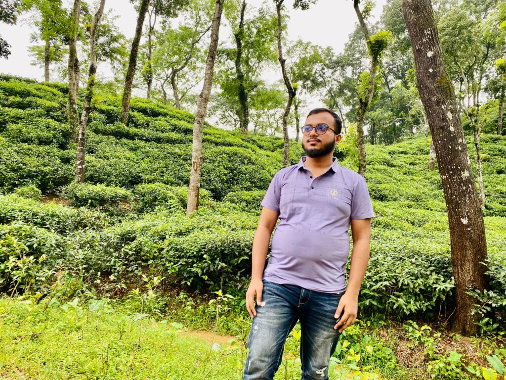 A man in a purple shirt and jeans stands in a lush green tea garden, surrounded by tall trees on a cloudy day.