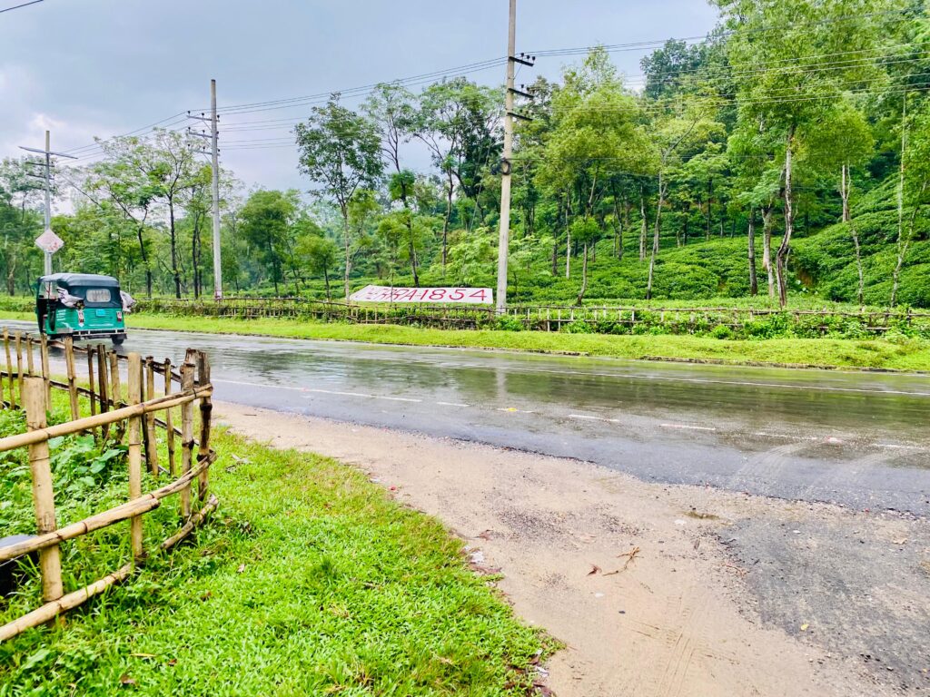 A scenic road lined with lush green trees and tea plants under a cloudy sky. A small vehicle is visible on the left side, driving along the wet road. A sign with the number 41854 is seen among the greenery.