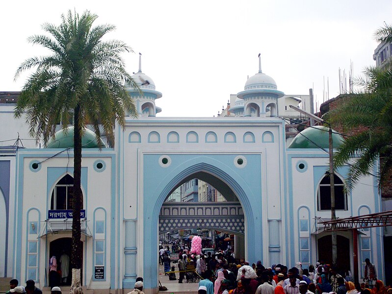 A large crowd gathers at the entrance of a blue and white mosque with two domes and an arched gateway. Tall palm trees flank the structure, while the sky is overcast.