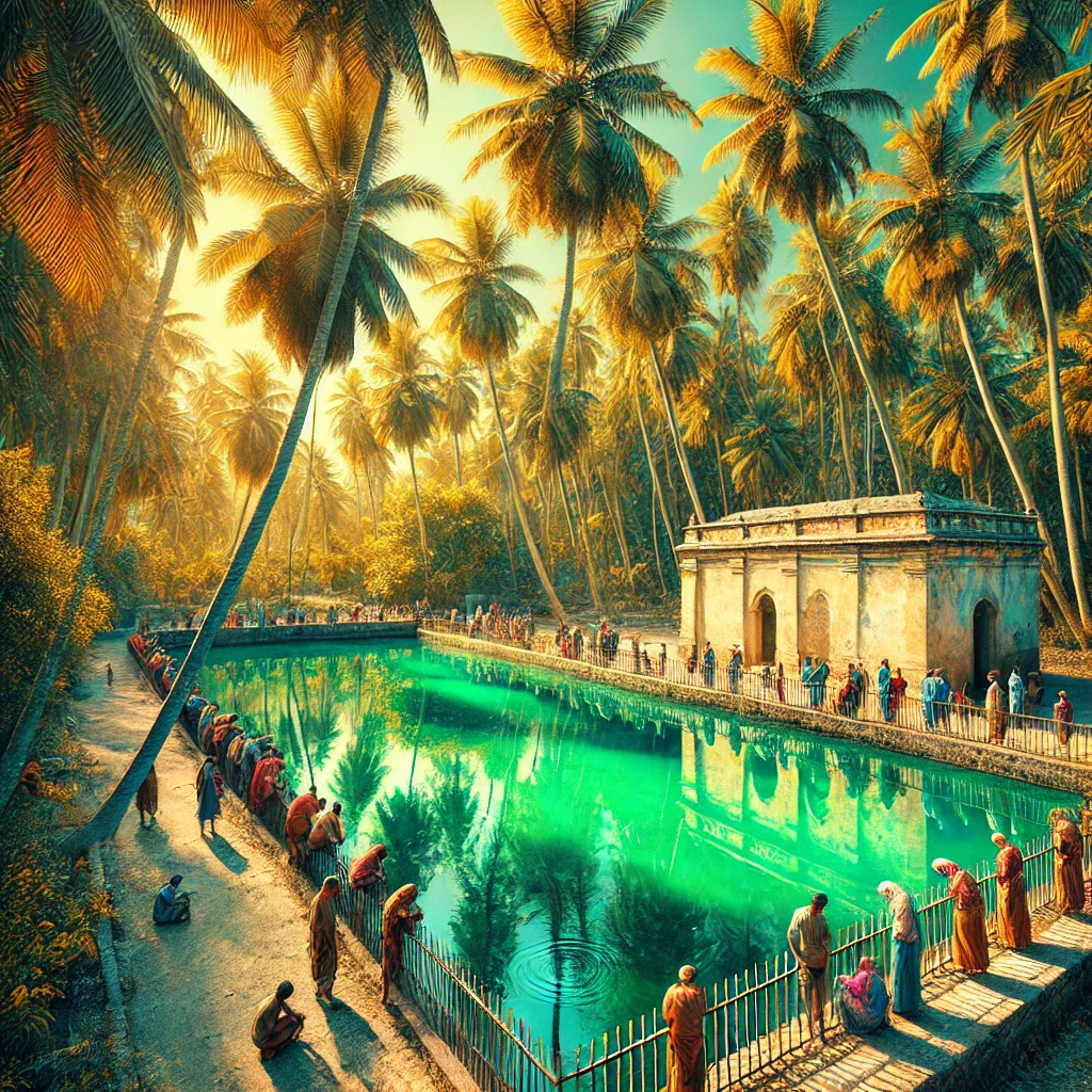 A vibrant scene shows people gathering around a rectangular pool, surrounded by lush palm trees and an ornate building on one side. The turquoise water reflects the greenery and warm sunlight, creating a serene atmosphere.