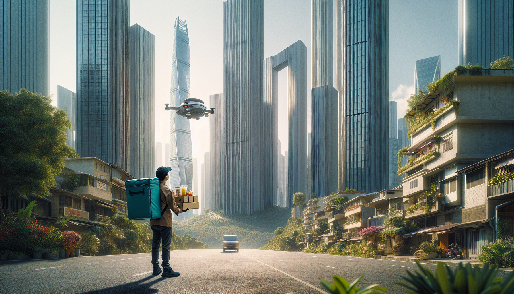 A delivery man is delivering food to Dubai Creek Harbor, the most futuristic area of Dubai. He is waiting for a drone to come and pick up the food for a customer living on the top floor.